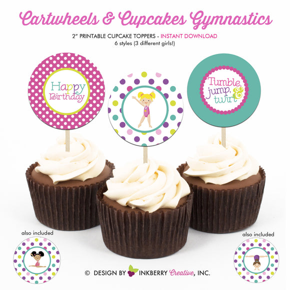 Gymnastics Birthday (Girls) - Printable Cupcake Toppers - Instant Download PDF File - inkberrycards
