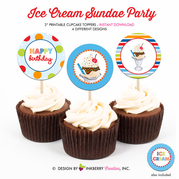 Ice Cream Sundae (Boys) - Printable Cupcake Toppers - Instant Download PDF File - inkberrycards