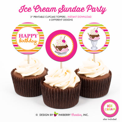Ice Cream Sundae (Girls) - Printable Cupcake Toppers - Instant Download PDF File - inkberrycards