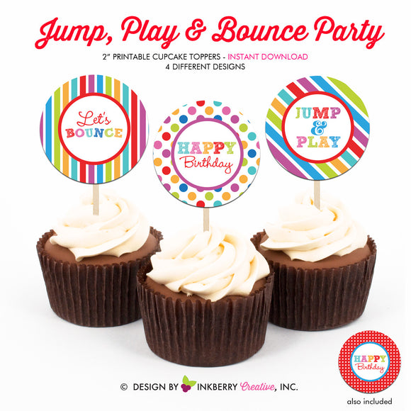 Jump, Play and Bounce (Polka Dot Stripes) - Printable Cupcake Toppers - Instant Download PDF File - inkberrycards