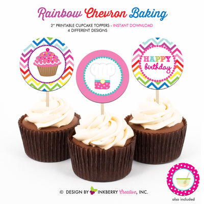 Little Chef Rainbow Chevron Baking Birthday (Cupcakes) - Printable Cupcake Toppers - Instant Download PDF File - inkberrycards