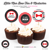 Little Man Bow Tie Birthday (Red) - Printable Cupcake Toppers - Instant Download PDF File - inkberrycards
