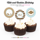 Milk and Cookies Birthday (Blue) - Printable Cupcake Toppers - Instant Download PDF File - inkberrycards