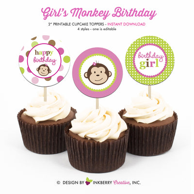 Little Monkey Girl (Pink, Green and Brown) - Printable Cupcake Toppers - Instant Download PDF File - inkberrycards