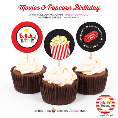 Movies and Popcorn - Printable Cupcake Toppers - Instant Download PDF File - inkberrycards