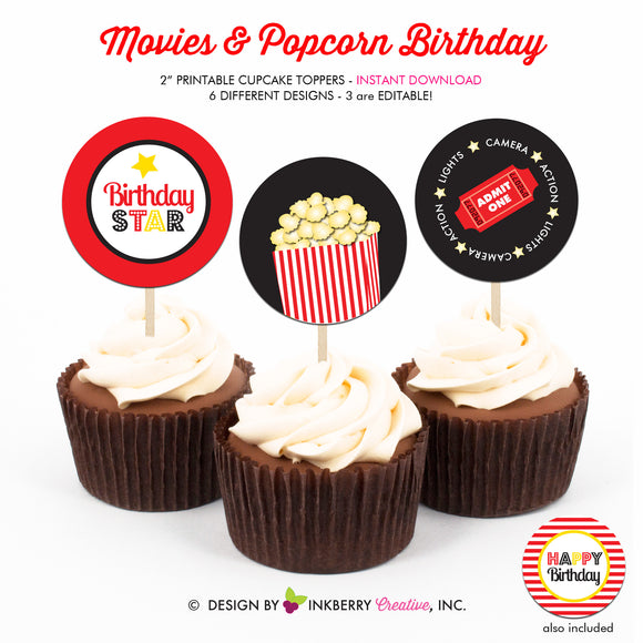 Movies and Popcorn - Printable Cupcake Toppers - Instant Download PDF File - inkberrycards