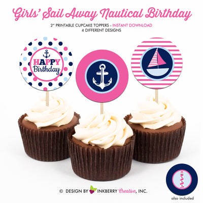 Nautical Birthday (Girl) - Printable Cupcake Toppers - Instant Download PDF File - inkberrycards