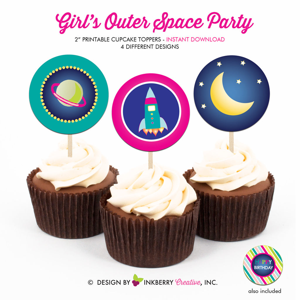 Out of this World Space Birthday (Girl) - Printable Cupcake Toppers - Instant Download PDF File - inkberrycards