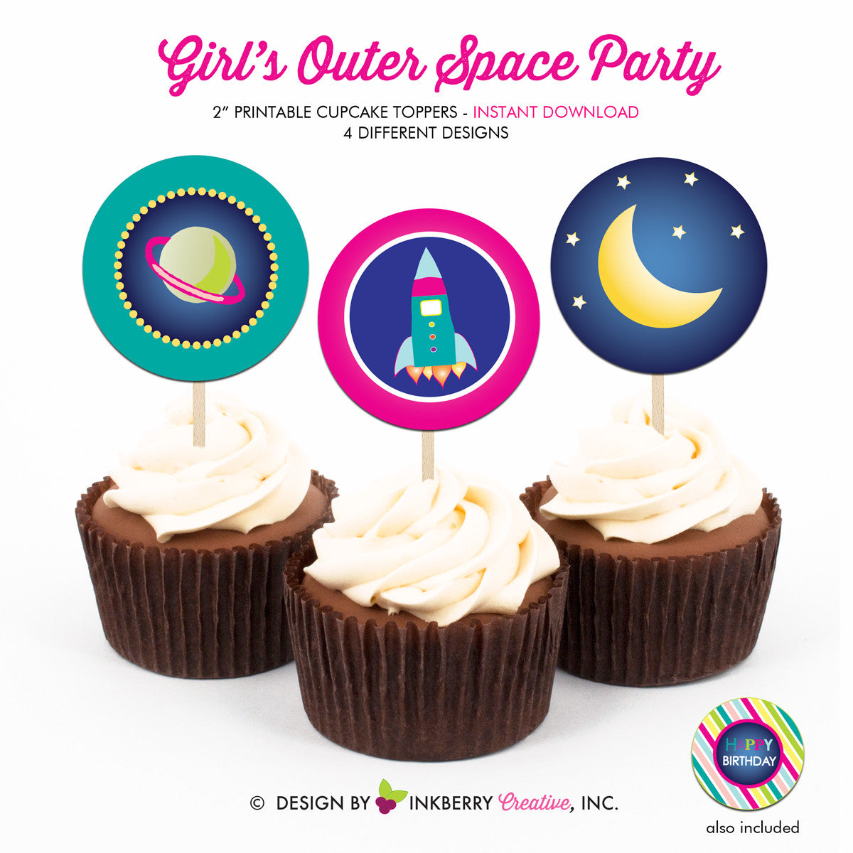 Out of this World Space Birthday (Girl) - Printable Cupcake Toppers - Instant Download PDF File - inkberrycards