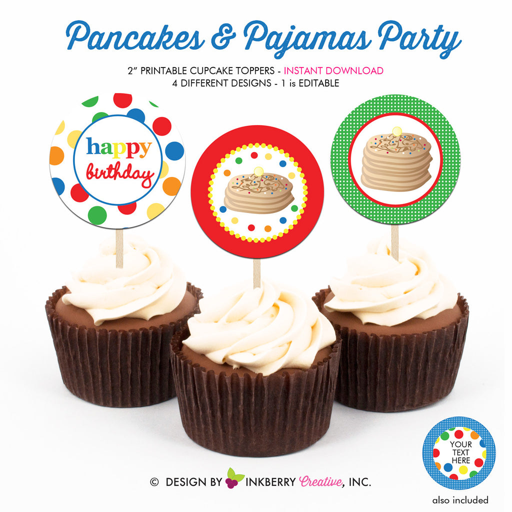 Pancakes and Pajamas Birthday (Primary Colors) - Printable Cupcake Toppers - Instant Download PDF File - inkberrycards
