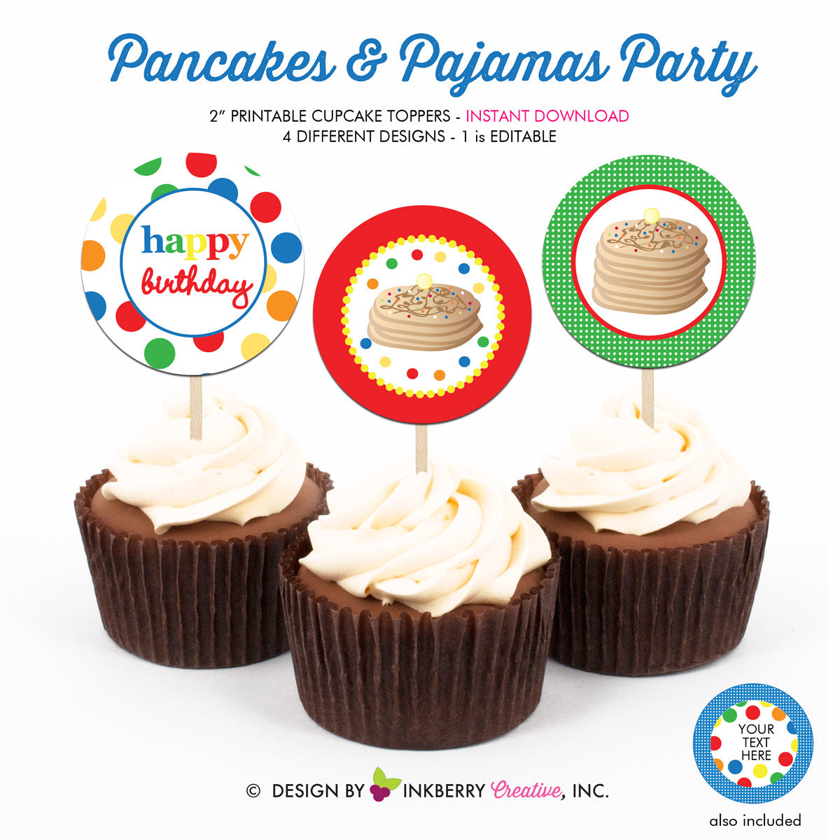 Pancakes and Pajamas Birthday (Primary Colors) - Printable Cupcake Toppers - Instant Download PDF File - inkberrycards