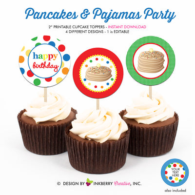 Pancakes and Pajamas Birthday (Primary Colors) - Printable Cupcake Toppers - Instant Download PDF File - inkberrycards