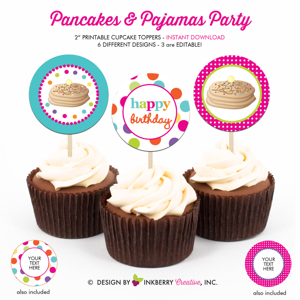 Pancakes and Pajamas Birthday (Pink, Aqua and Lime) - Printable Cupcake Toppers - Instant Download PDF File - inkberrycards