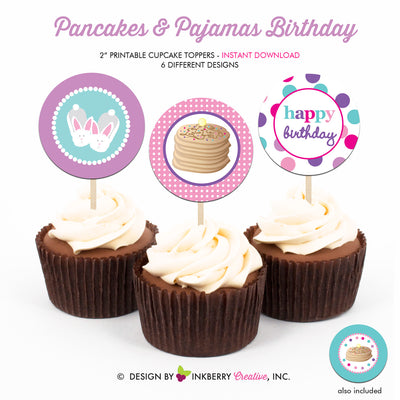 Pancakes and Pajamas Birthday (Pink, Purple and Aqua) - Printable Cupcake Toppers - Instant Download PDF File - inkberrycards