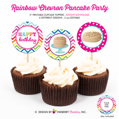 Pancakes and Pajamas Birthday (Rainbow Chevron) - Printable Cupcake Toppers - Instant Download PDF File - inkberrycards
