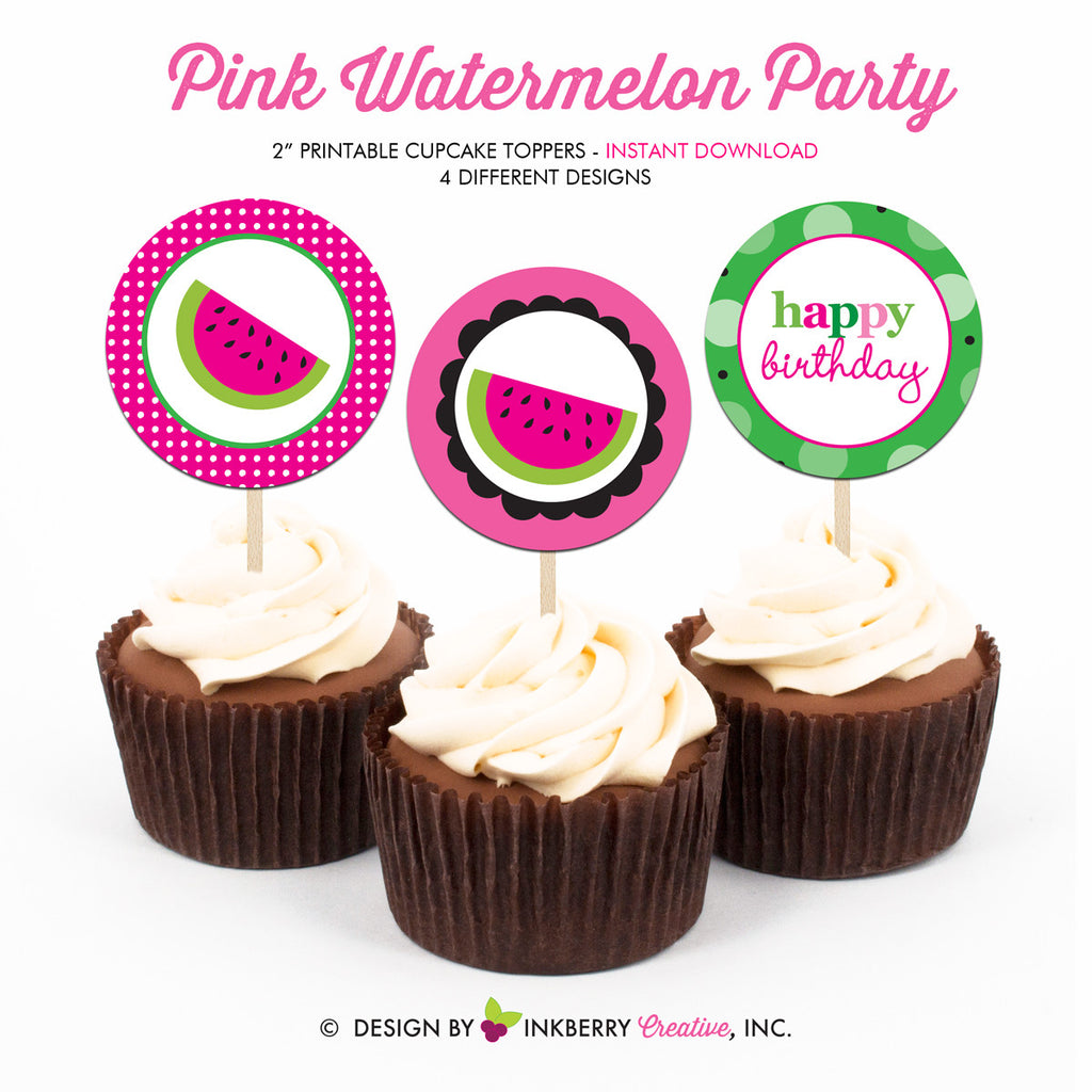 Sweet Watermelon Birthday (Pink) - Printable Cupcake Toppers - Instant Download PDF File - inkberrycards