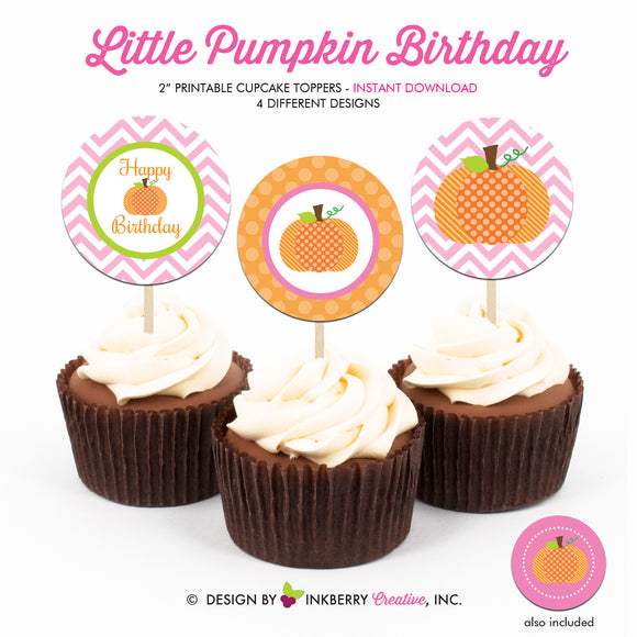 Little Pumpkin Birthday (Girl) - Printable Cupcake Toppers - Instant Download PDF File - inkberrycards