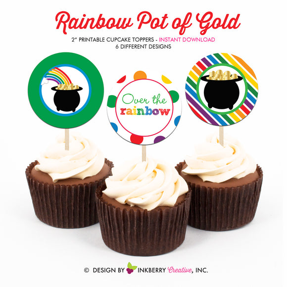 Rainbow Pot of Gold - Printable Cupcake Toppers - Instant Download PDF File - inkberrycards