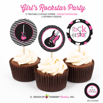 Rockstar Birthday (Pink) - Printable Cupcake Toppers - Instant Download PDF File - inkberrycards