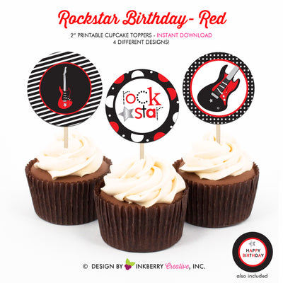 Rockstar Birthday (Red) - Printable Cupcake Toppers - Instant Download PDF File - inkberrycards