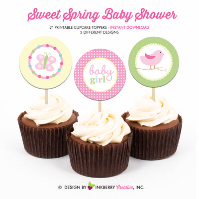 Sweet Spring Baby Shower - Printable Cupcake Toppers - Instant Download PDF File - inkberrycards