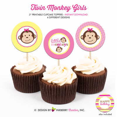 Twin Monkey Girls (Pink and Yellow) - Printable Cupcake Toppers - Instant Download PDF File - inkberrycards