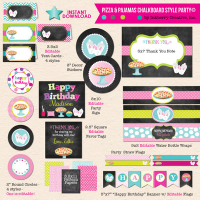 Pizza and Pajamas Chalkboard Style Birthday Party with Bunny Slippers - DIY Printable Party Pack - inkberrycards