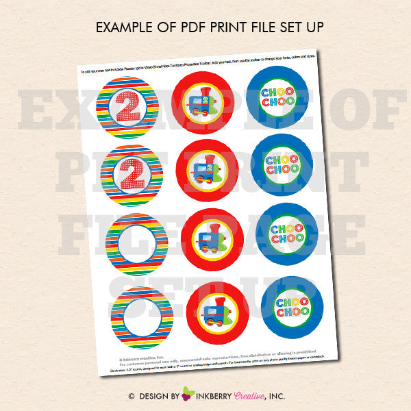 Colorful Choo Choo Train 2nd Birthday - Printable Cupcake Toppers - Instant Download PDF File - inkberrycards