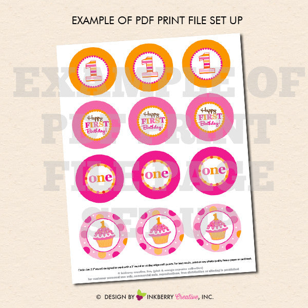 Cupcake Cutie Pie First Birthday (Pink and Orange) - Printable Cupcake Toppers - Instant Download PDF File - inkberrycards