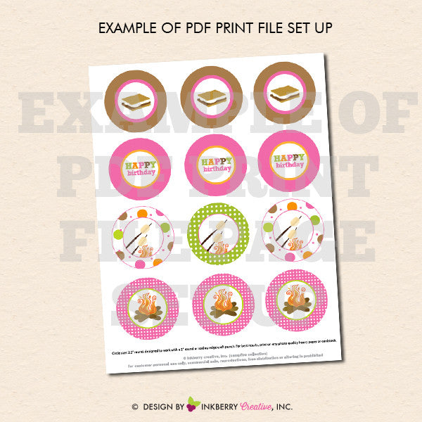 Party by the Campfire (Girls) - Printable Cupcake Toppers - Instant Download PDF File - inkberrycards