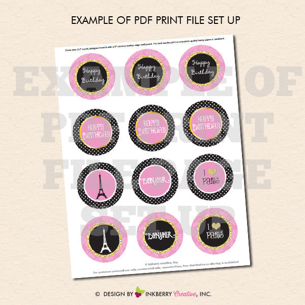 Glam Paris Birthday - Printable Cupcake Toppers - Instant Download PDF File - inkberrycards