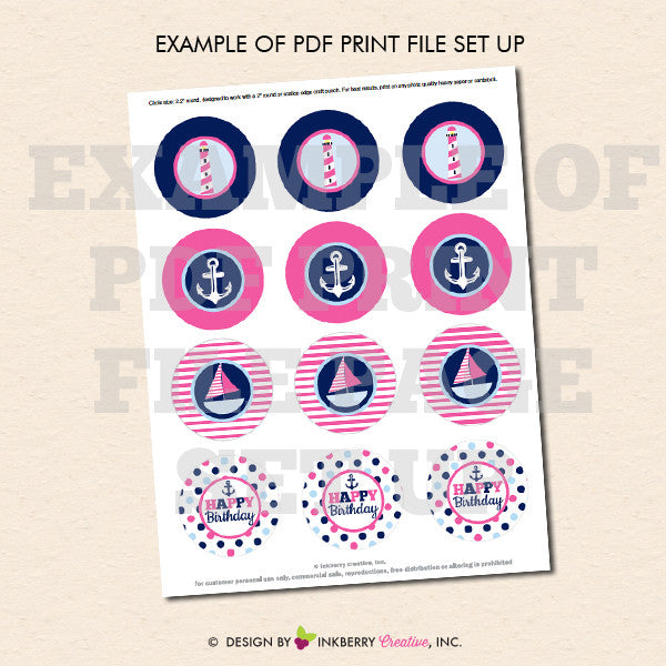 Nautical Birthday (Girl) - Printable Cupcake Toppers - Instant Download PDF File - inkberrycards