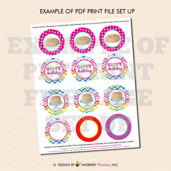 Pancakes and Pajamas Birthday (Rainbow Chevron) - Printable Cupcake Toppers - Instant Download PDF File - inkberrycards