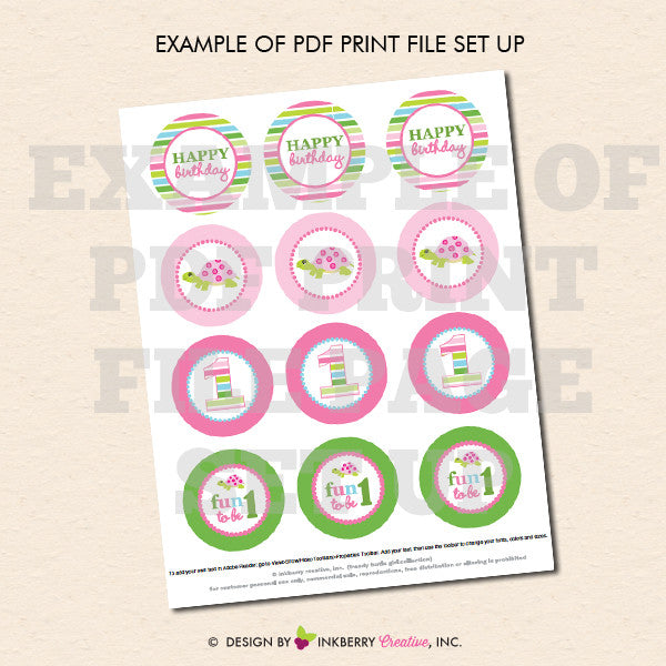 Turtle Birthday (Girl) - Printable Cupcake Toppers - Instant Download PDF File - inkberrycards