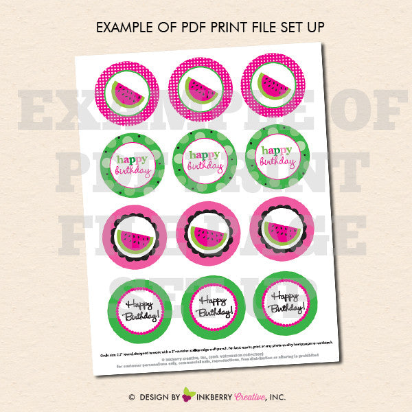 Sweet Watermelon Birthday (Pink) - Printable Cupcake Toppers - Instant Download PDF File - inkberrycards