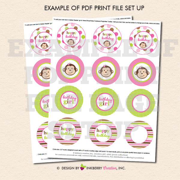 Little Monkey Girl (Pink, Green and Brown) - Printable Cupcake Toppers - Instant Download PDF File - inkberrycards