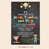 Boys Gymnastics, Jump, Tumble and Play Chalkboard Style Party Invitation