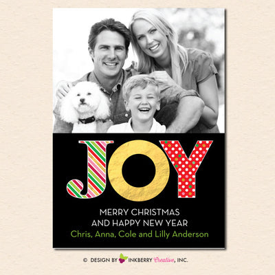 Big Joy Gold and Patterns Christmas Photo Card - inkberrycards