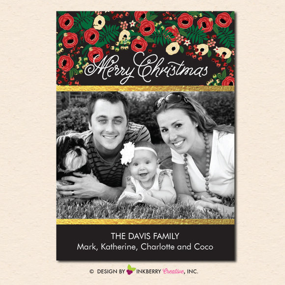 Festive Floral and Gold Christmas Photo Card - inkberrycards