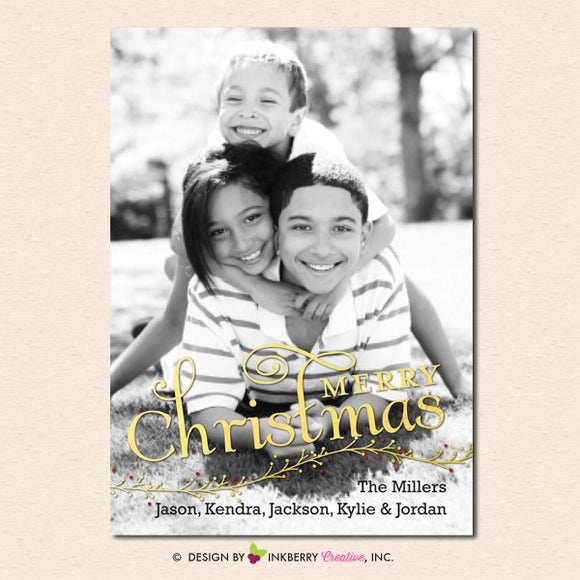 Gold Berry Branch Overlay Christmas Photo Card - inkberrycards