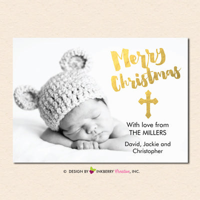 Merry Christmas Gold Cross Overlay Christmas Photo Card - inkberrycards