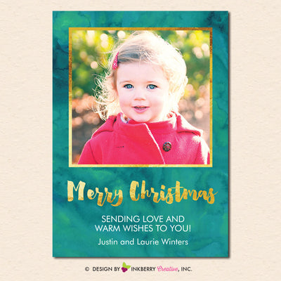 Painted Gold and Green Merry Christmas Photo Card - inkberrycards