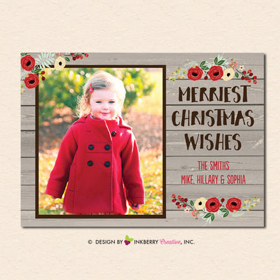 Rustic Woodgrain Floral Christmas Photo Card - inkberrycards