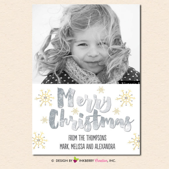 Silver and Gold Snowflakes Merry Christmas Photo Card - inkberrycards