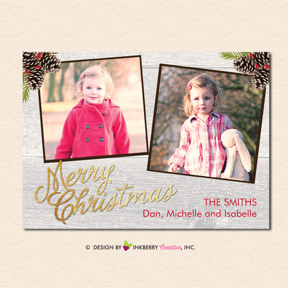 Rustic Christmas Woodgrain Pinecones Merry Christmas Photo Card - inkberrycards