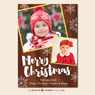 Woodgrain Golden Snowflakes Christmas Photo Card - inkberrycards