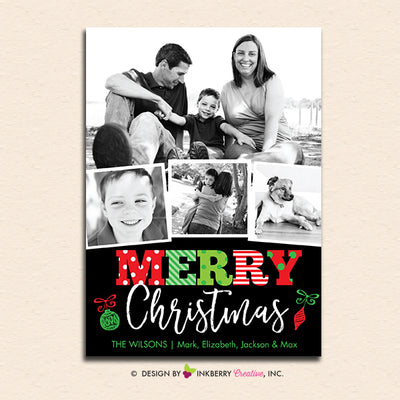 Merry Patterns and Ornaments - 4 photo - Christmas Photo Card - inkberrycards