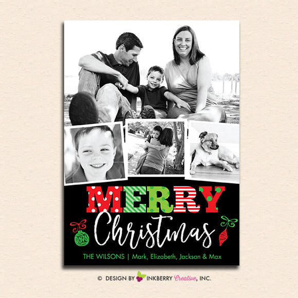 Merry Patterns and Ornaments - 4 photo - Christmas Photo Card - inkberrycards