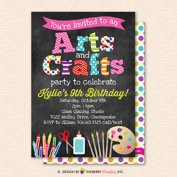 Arts and Crafts Birthday Party Invitation, Chalkboard Style, Kids Arts Crafts Painting Party - Printable, Instant Download, Editable, PDF