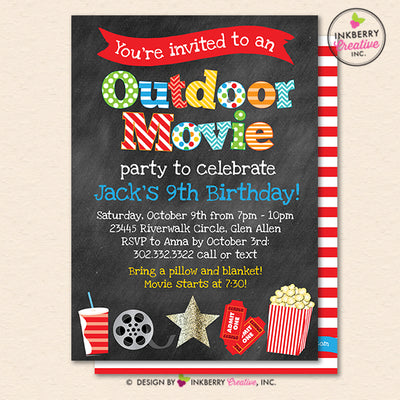 Outdoor Movie Party Invitation - Backyard, Outdoor, Birthday, Boys Movie Party - Printable, Instant Download, Editable, PDF - inkberrycards